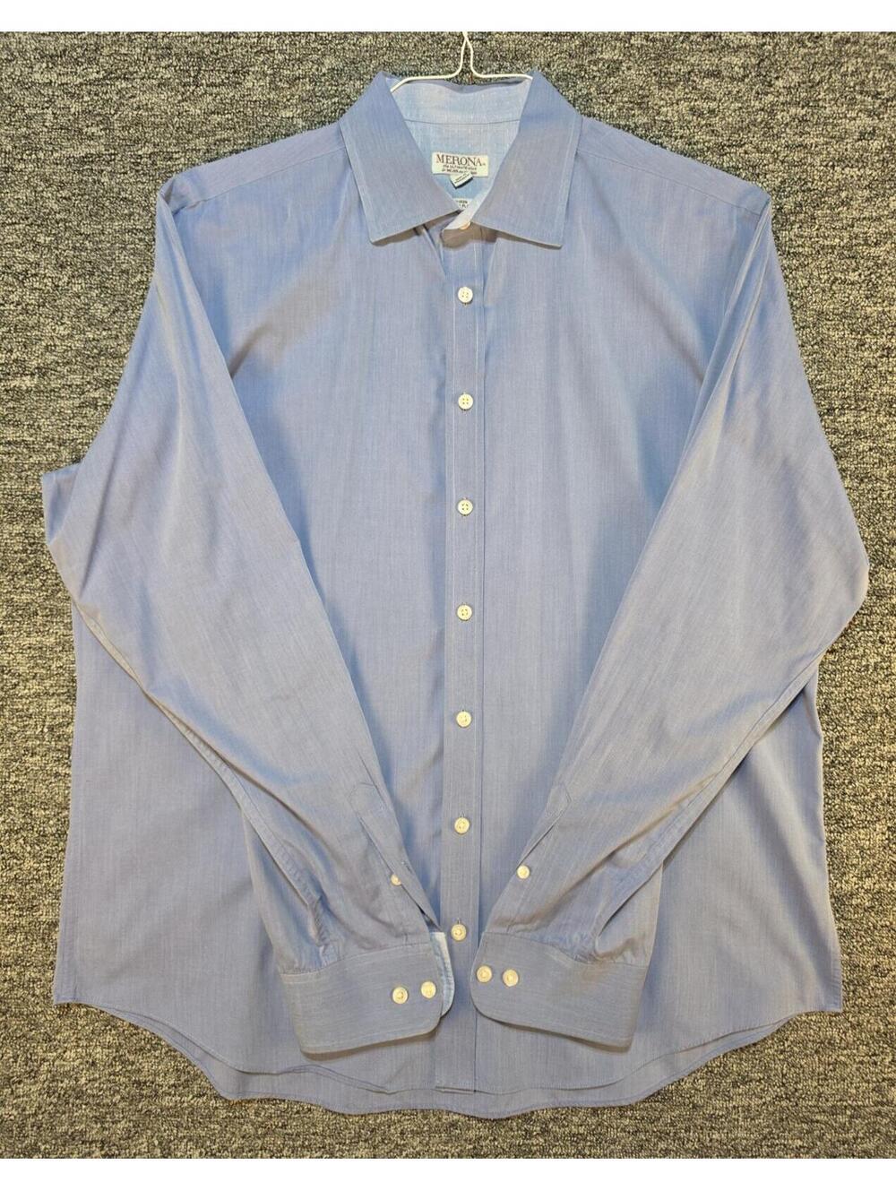 Merona Men's Non-Iron Dress Shirt Blue Solid Cotton Polyester 15.5 32/33